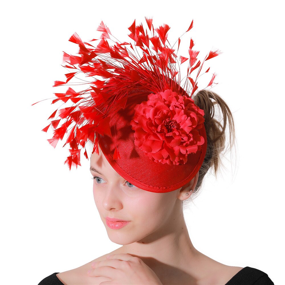 Paarse bloemen dames fedora pet haarspeld fantasie veren fascinators mooie bruidshoofdtooi dames hoofddeksels: Rood