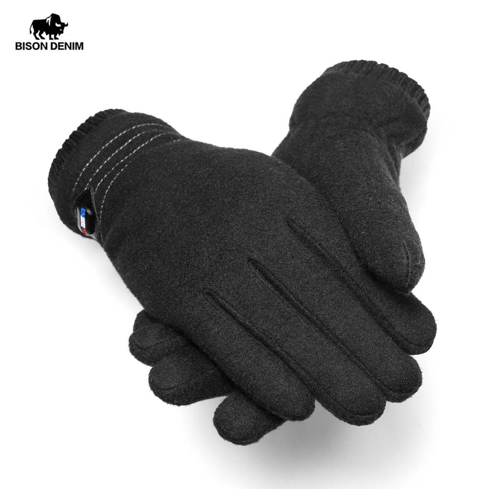 Bison dneim vinterhandsker til mænd ægte uld berøringsskærm vindtæt fuldfinger tykkere varme vintermændshandsker  s035: Sort