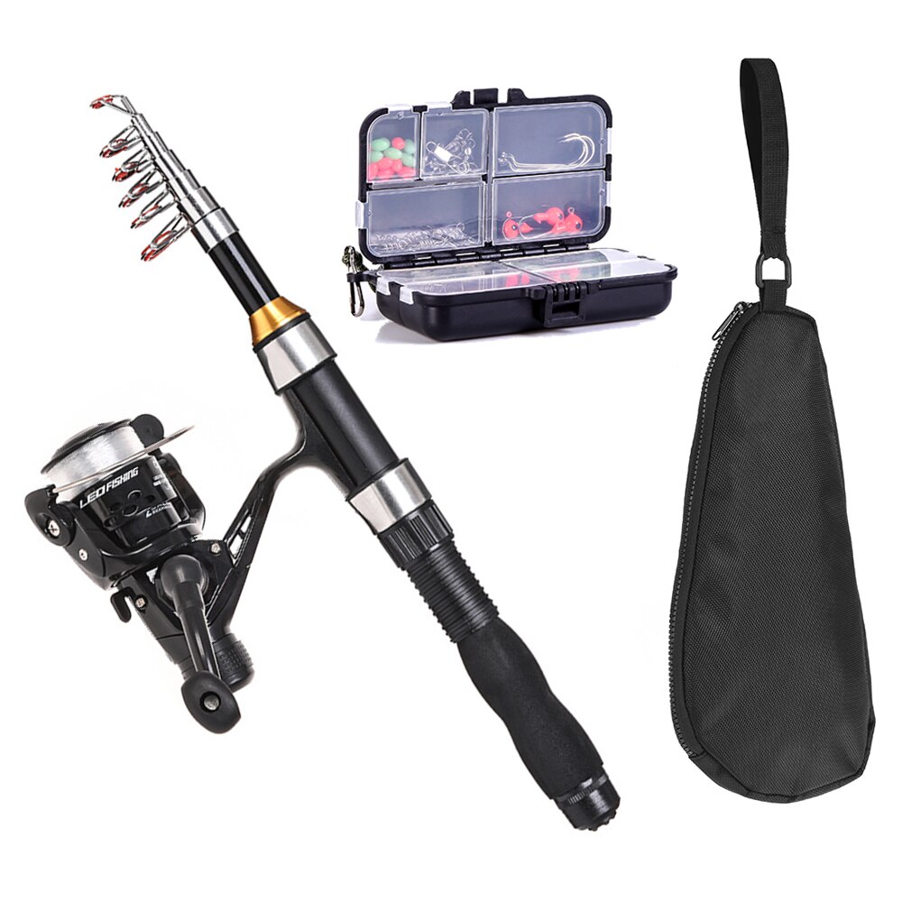 Fishing Rod Reel Combo Full Kit 1.5m Telescopic Fishing Rod Spinning Reel Set with Hooks Soft Lures Barrel Swivels Storage Bag