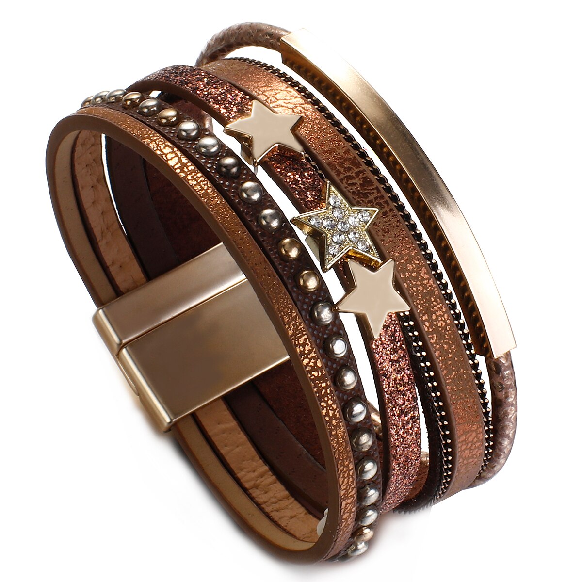 Flashbuy Trendy Gold Color Stars Leather Bracelet for Women Multilayer Wide Wrap Bangles Couple Jewelry: 2