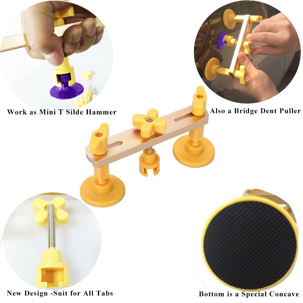 Auto deuk reparatie gereedschap gele brug trekker set handgereedschap set met 24 stuks lijmtabs auto carrosserie zonder spuiten deuk verwijderings gereedschap