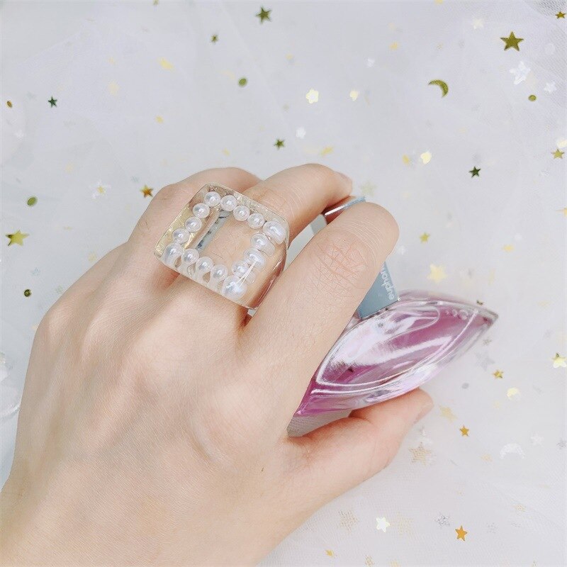 Koreaanse Elegante Transparante Acryl Resin Pearl Hollow Geometrische Vierkante Ronde Grote Ringen Voor Vrouwen Meisjes Zomer Sieraden: 2