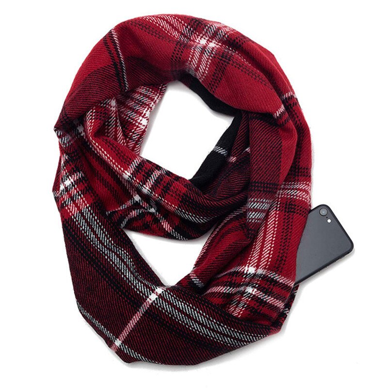 foulard à carreaux en sergé avec poche Convertible voyage foulard de tête pour femme châle caché poche à glissière infini voyage hiver écharpes