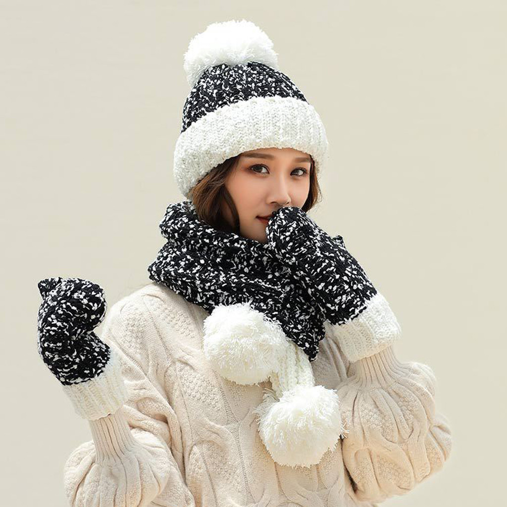 Invierno 3 piezas bufanda de las mujeres conjunto de Patchwork cálido de punto de sombrero bufanda + guantes Set Bola de Pelo bufandas guantes del sombrero conjunto: Black 