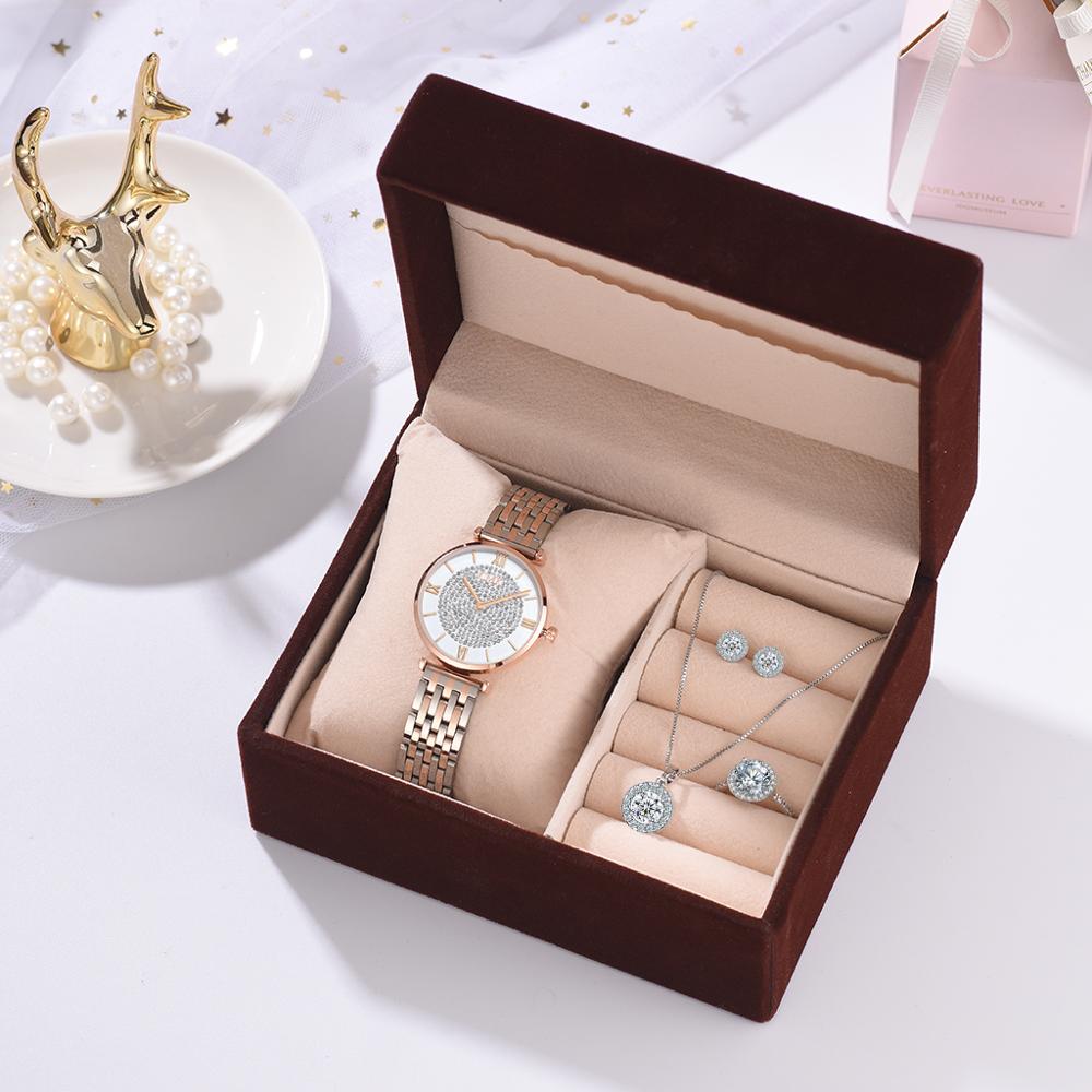 Luxe Rose Gold Horloges Vrouwen Set Luxe Kristallen Oorbellen Ketting Horloges Set Dames Quartz Horloge Voor Vrouwen