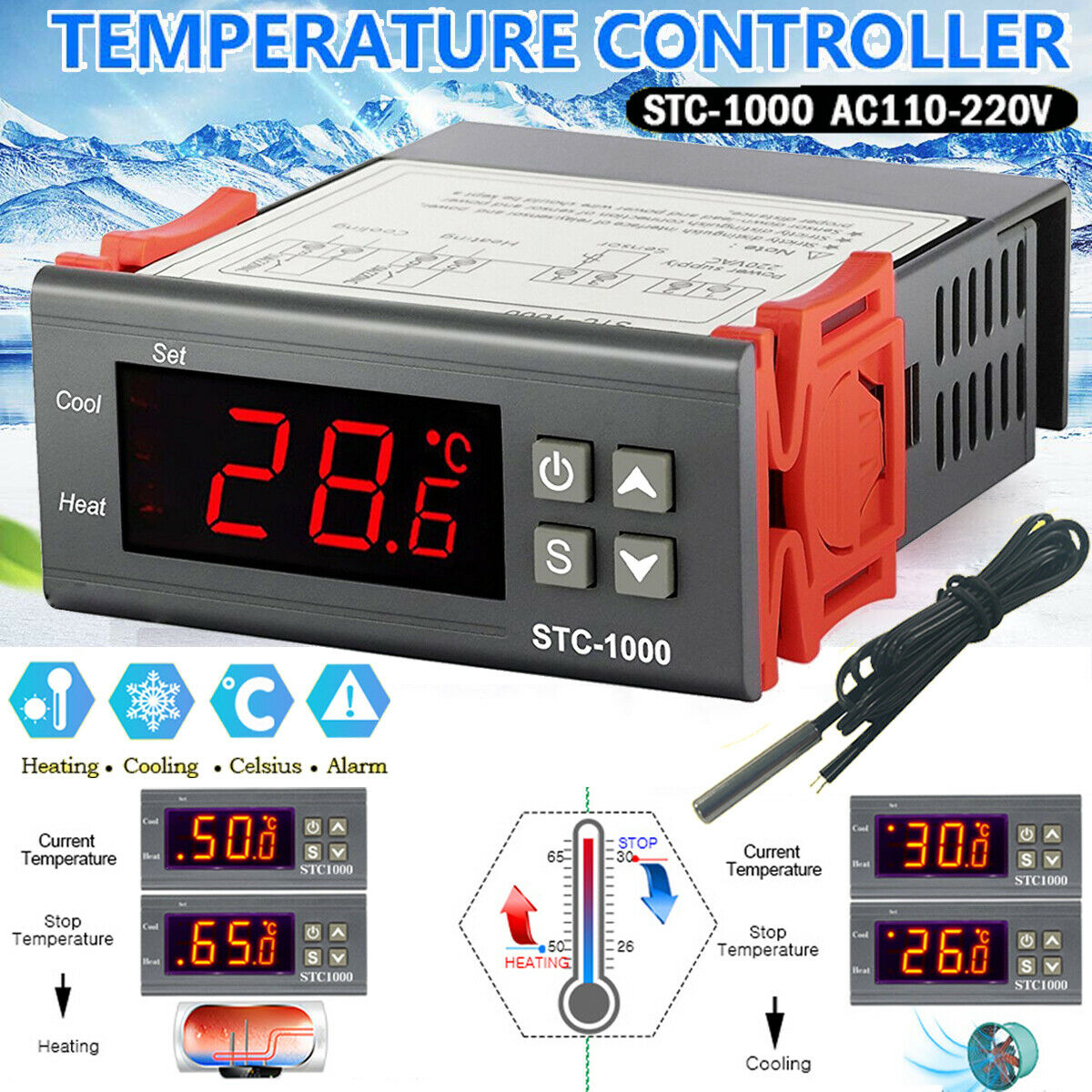 Digital Temperature Controller Thermostat Thermoregulator incubator Relay LED 10A Heating Cooling STC-1000 220V