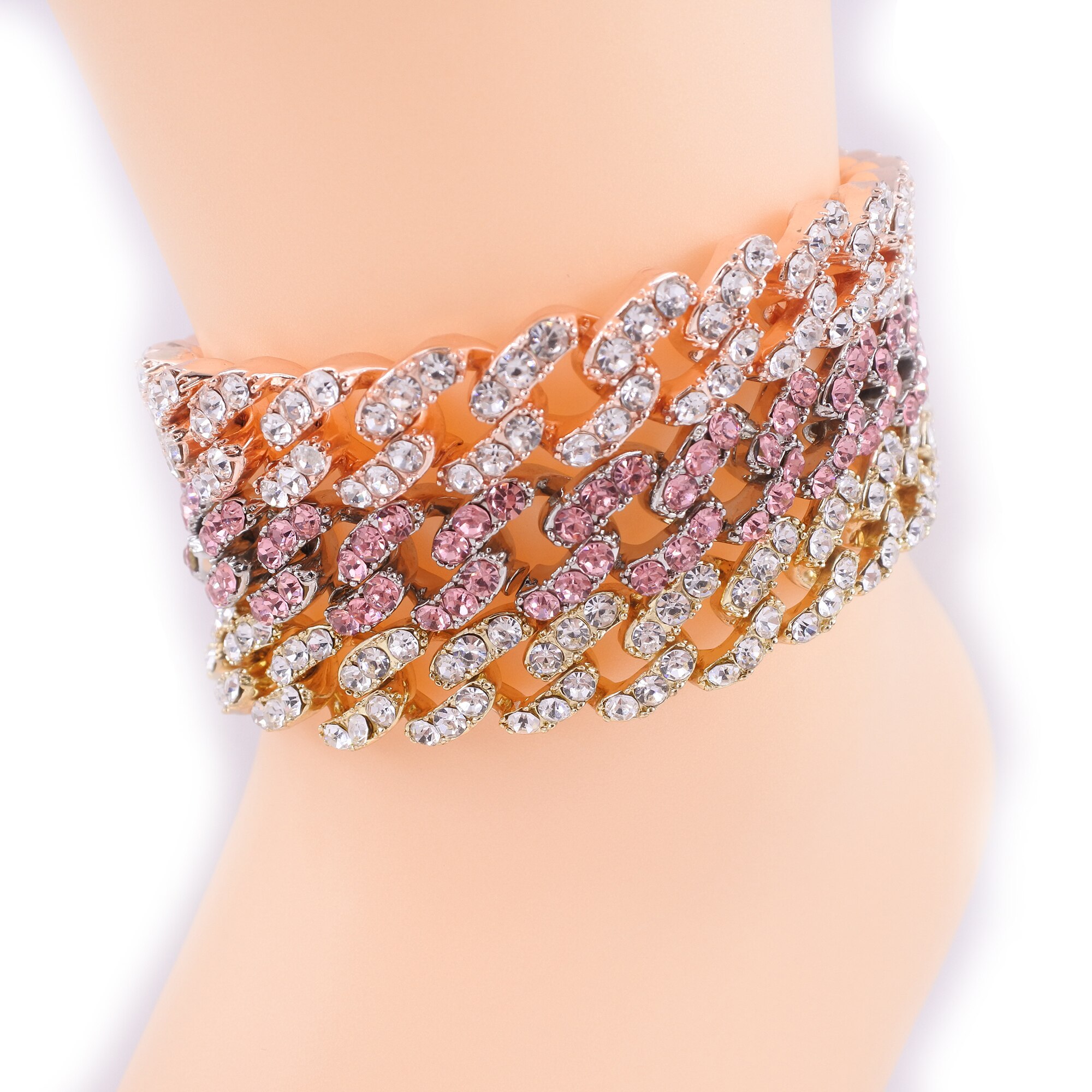 cuban link anklets hip hop women chain foot legs jewelry 12mm cuban chain pink crystal rose gold silver color iced out