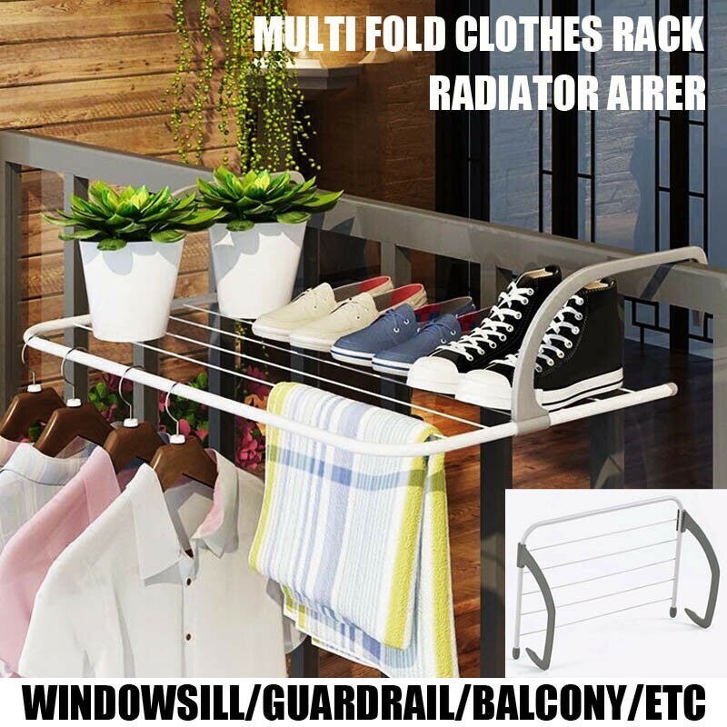 Home Folding Adjustable Radiator Towel Clothes Drying Rack Pole Airer Dryer Drying Rack 5 Rail Balcony Telescopic Laundry Holder