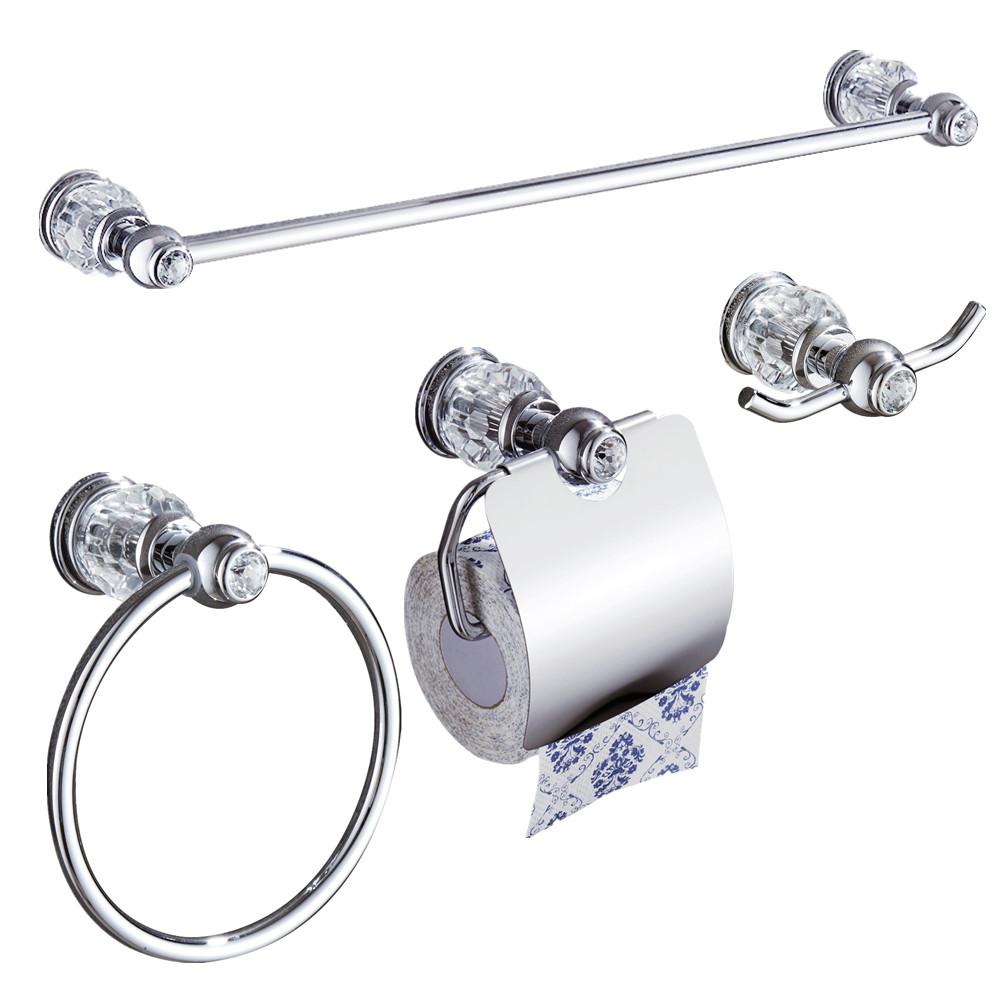 4 Stuk Chrome Messing Badkamer Accessoires Set Europese Badkamer Hardware Set Crystal Handdoek Bar Papier Houder Gewaad Haak Metalen