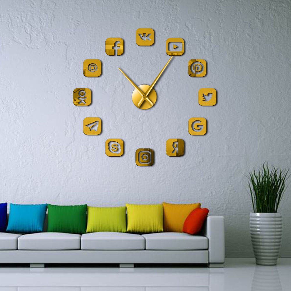 Social Media Symbols DIY Wall Art Giant Wall Clock Office College Dorm Decor 3D Frameless Icons Wall Clock for Teenagers