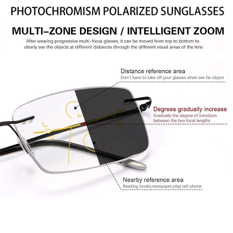 Pure Titanium Meekleurende Multifocale Leesbril Progressieve Randloze Afgewerkt Bril Anti-Blue Ray Outdoor Eyewear