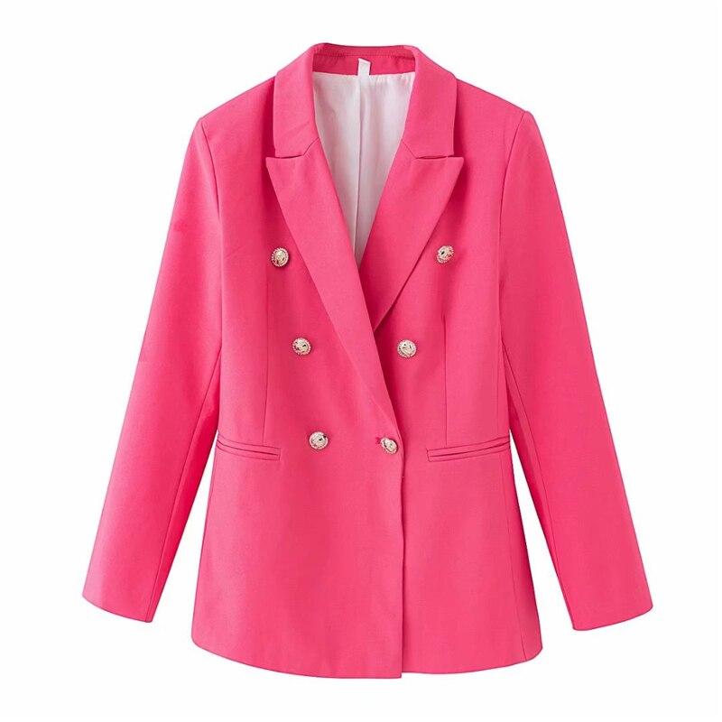 Elegante Vrouwen Chic Button Blazer Office Dames Pocket Jassen Casual Vrouwelijke Slim Notched Suits Solid Roze Meisjes Chic Sets: S