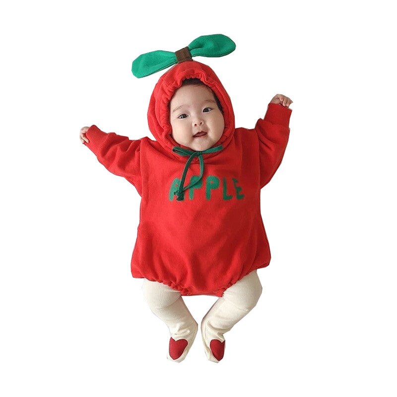 Bebé de invierno otoño niña Bodysuit niño Bebe mamelucos con capucha Manzana Roja Banana disfraz de naranja
