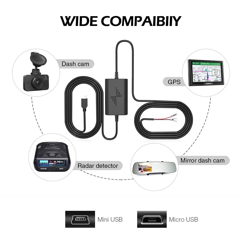 Hard Wire Mini Micro USB DC Charger Power Kit for Car Dash Camera DVR Car Dash Cam Camera 112 212 312G 312GW 412 512GW 612 DUO