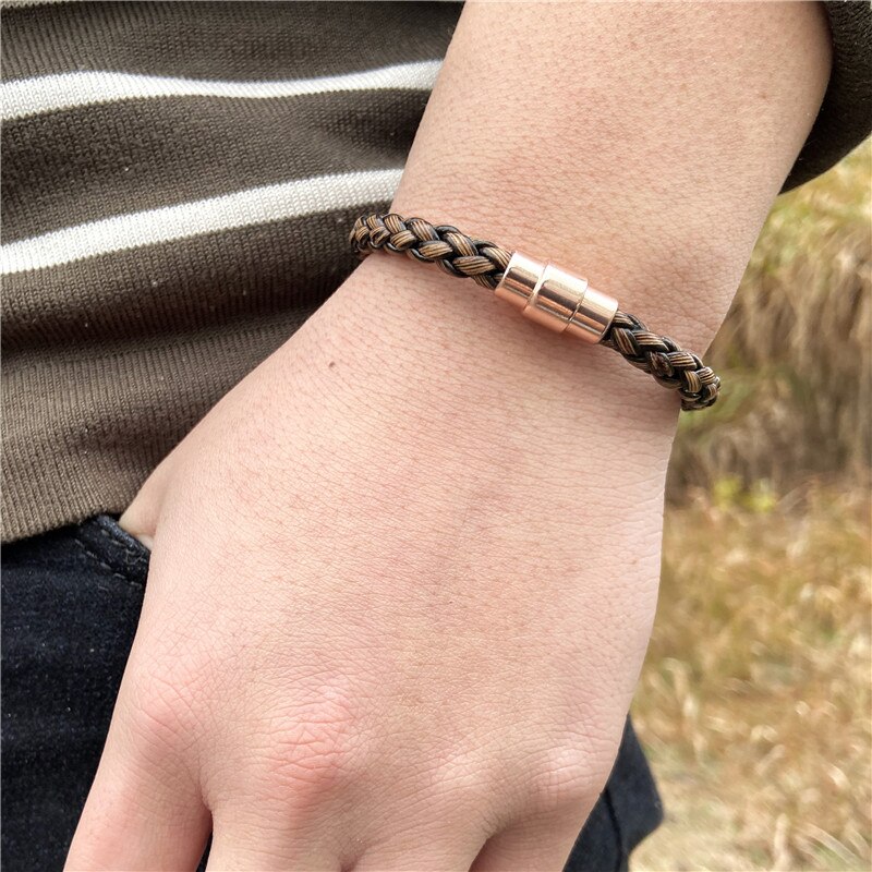 Bracelet tressé en bambou brun pour hommes, bijoux en acier inoxydable, fait à la main, avec boucle magnétique, Bracelet à breloques, pour hommes