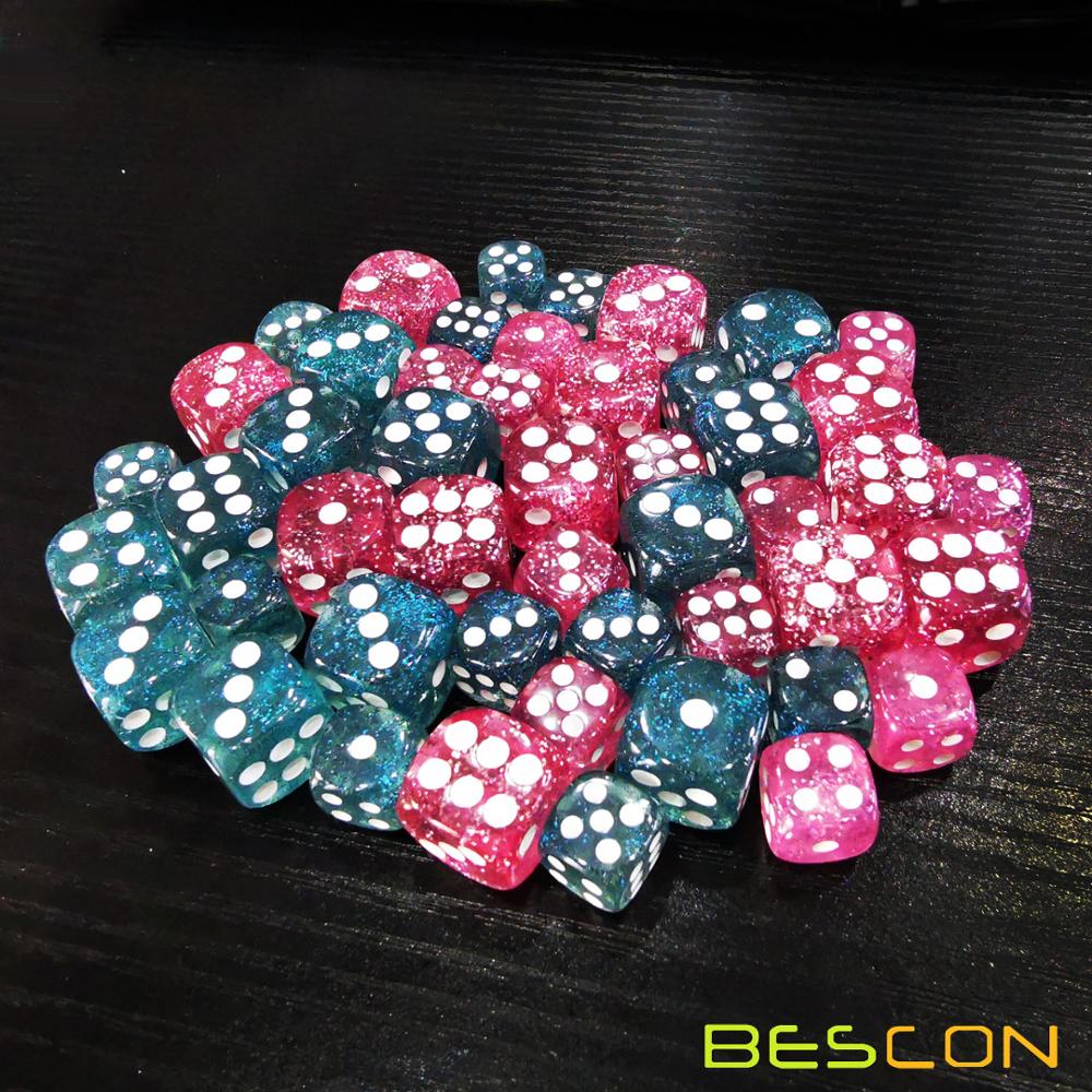 Bescon Ethereal Glitter Dobbelstenen D6 16MM & 12MM 48pcs Set, game Dobbelstenen Glitter Rose en Teal in 12MM & 16MM Elke 12pcs