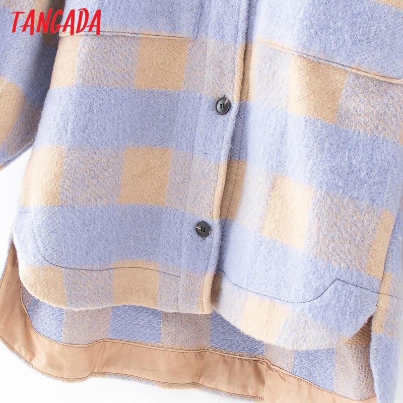 Tangada vintage lilla gitter lang jacekt frakke kvinder forårs skjorte jakke oversize plus size kvinder jakke  qj101