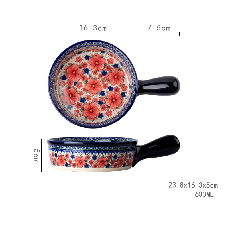 Vajilla Bohemia con de flores para el hogar, platos binaurales de cerámica con mango Retro para ensalada, Bol para el microondas, bandeja para hornear: Single handle pan