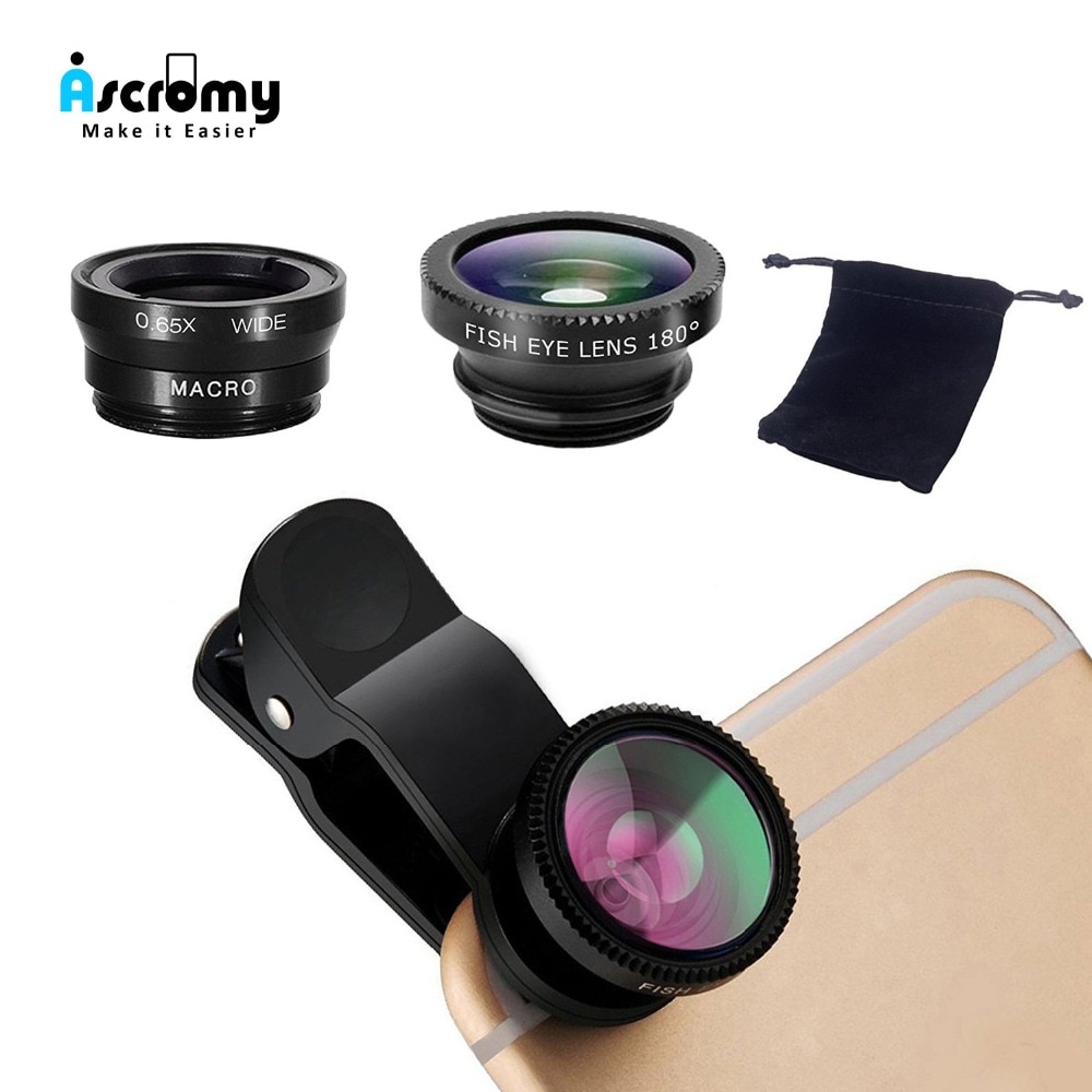 Ascromy 3-in-1 Phone Camera Lenses Wide Angle Macro Fish Eye Lentes For iPhone 6 7 8 X XR Samsung Smartphone lens on the phone
