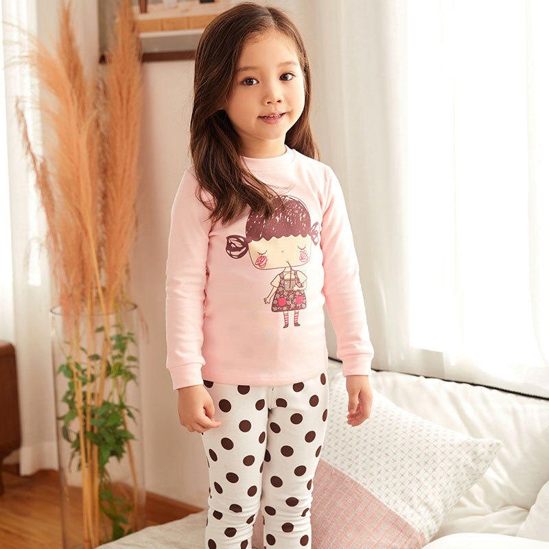 Kid's Children's Girl Cute Lovely Sweet Cartoon Little Girl Printed Long Sleeved Pajamas Sets Polka Dot Sleepwear Outfit