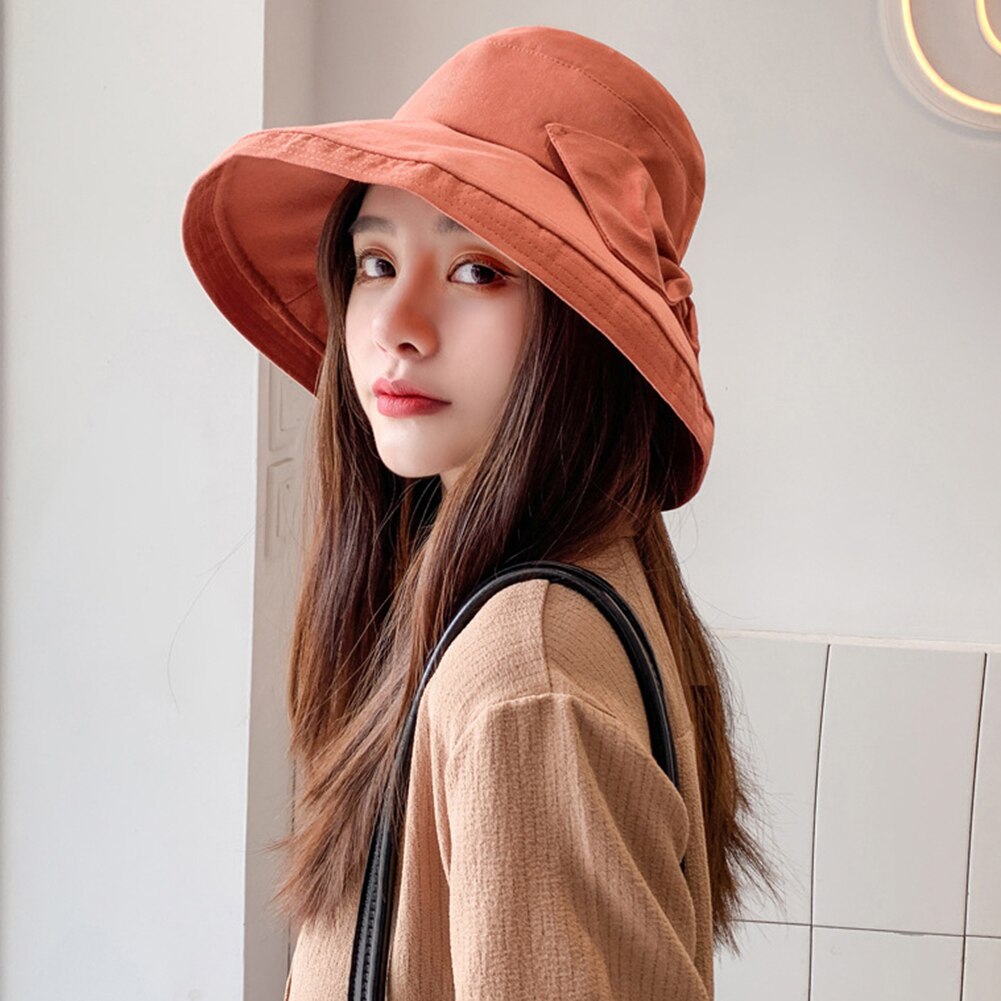 Women Solid Color Bowknot Wide Brim UV Protection Summer Sun Hat Bucket Cap