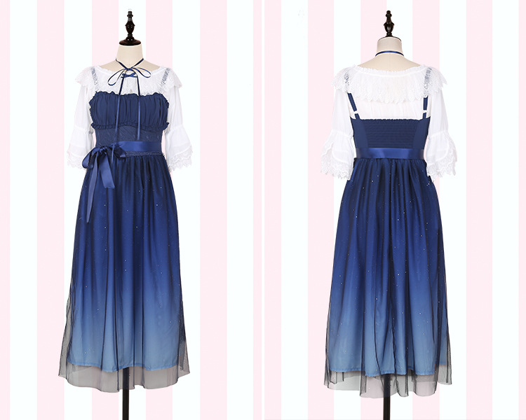 JSK Shinning Stars Lolita Dress Gradient JSK Star Blue Girls Solid Fancy Dress Lace Ruched Pleated Dress With Shirt Set