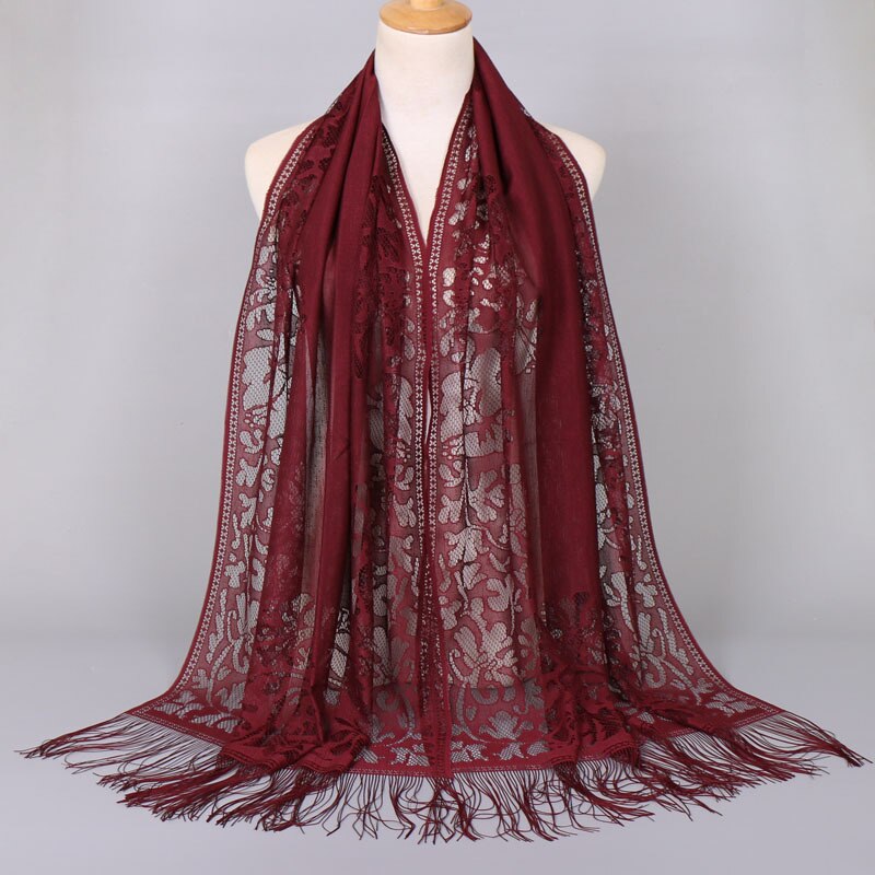 Hollow Out Flower Lace Hijab Sjaal Vrouwen Effen Kleur Vlakte Moslim Hoofd Haar Sjaals Wraps Winter Wit Zwart Rood: dark red