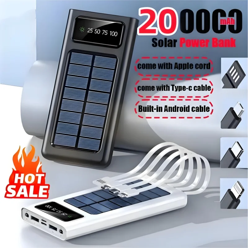 200000 mah solcelledrevet powerbank med ultrakapacitet, usb 4 in1 superhurtig opladning, usb type c, led-lys, udendørs powerbank til iphone
