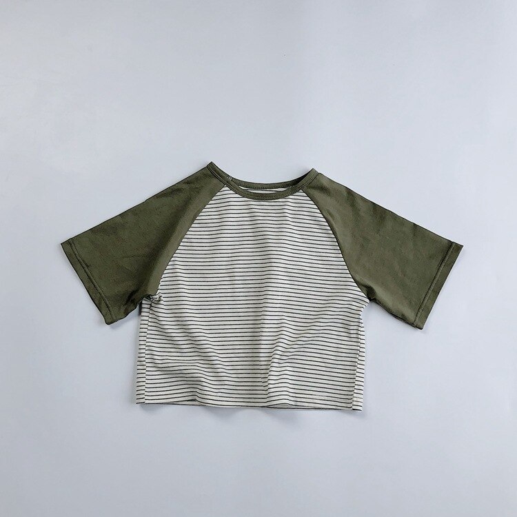 T-shirt à manches courtes pour enfants coréens été coton tricoté garçons et filles manches Raglan T-shirt rayé: Beige / 4T