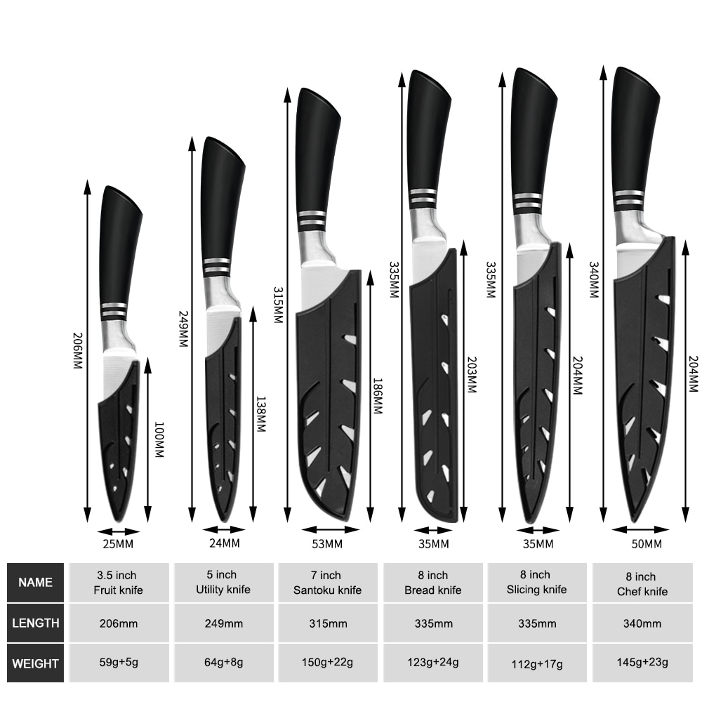 Xyj køkken rustfrit stål 7 stk kokkekniv sæt 8 ' ' skærebrød kok 7 '' santoku 5 ''utility 3.5 '' vægholder til skærekniv
