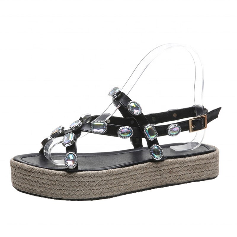 Open teen strappy slingbacks platte sandalen met grote strass steentjes voor dames met hoog platform: Zwart / 40