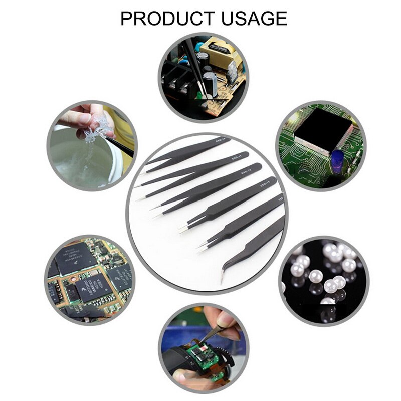 Outils de Maintenance de pince à épiler d'acier inoxydable d'esd antistatique de 6 pièces