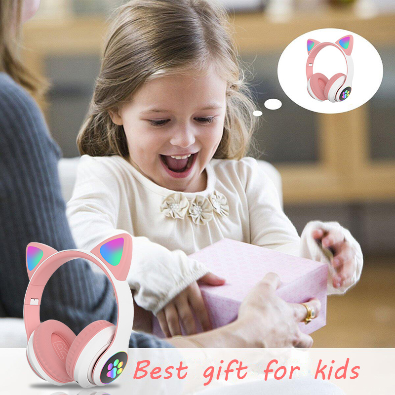 Flashing LED Cute Cat Wireless Headphones with Microphone Women HiFi Stereo RGB Music Phone Bluetooth Headset