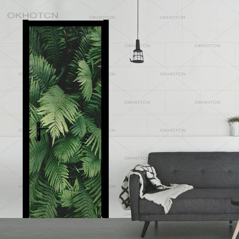 PVC Self-adhesive Door Sticker Plant Leaf Wallpaper Door Decal Green Modern Living Room Bedroom Home Decoration 3D