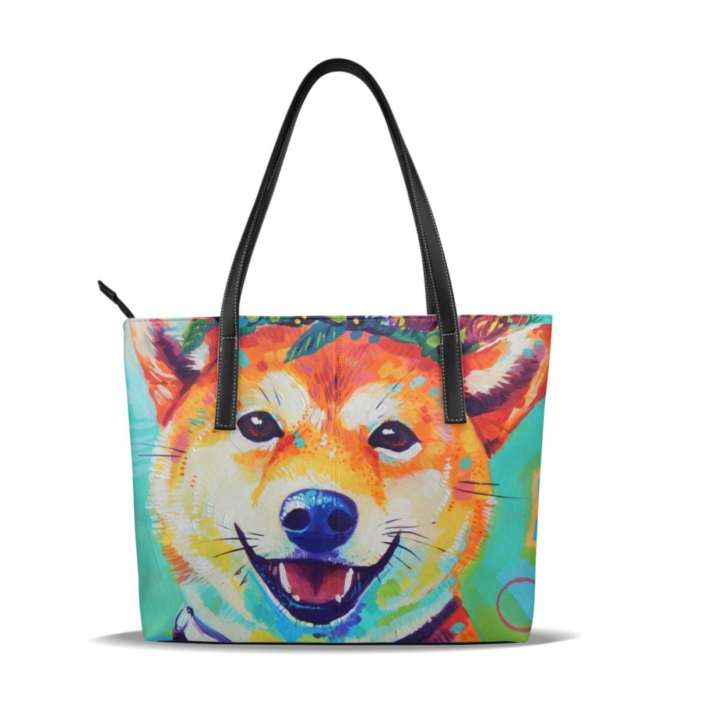 Shiba Inu Tote Taske - Cartoon Mønster - Kunstlæder - Lynlås Lukning - Alsidig Kvinder Håndtaske: Happy Shiba