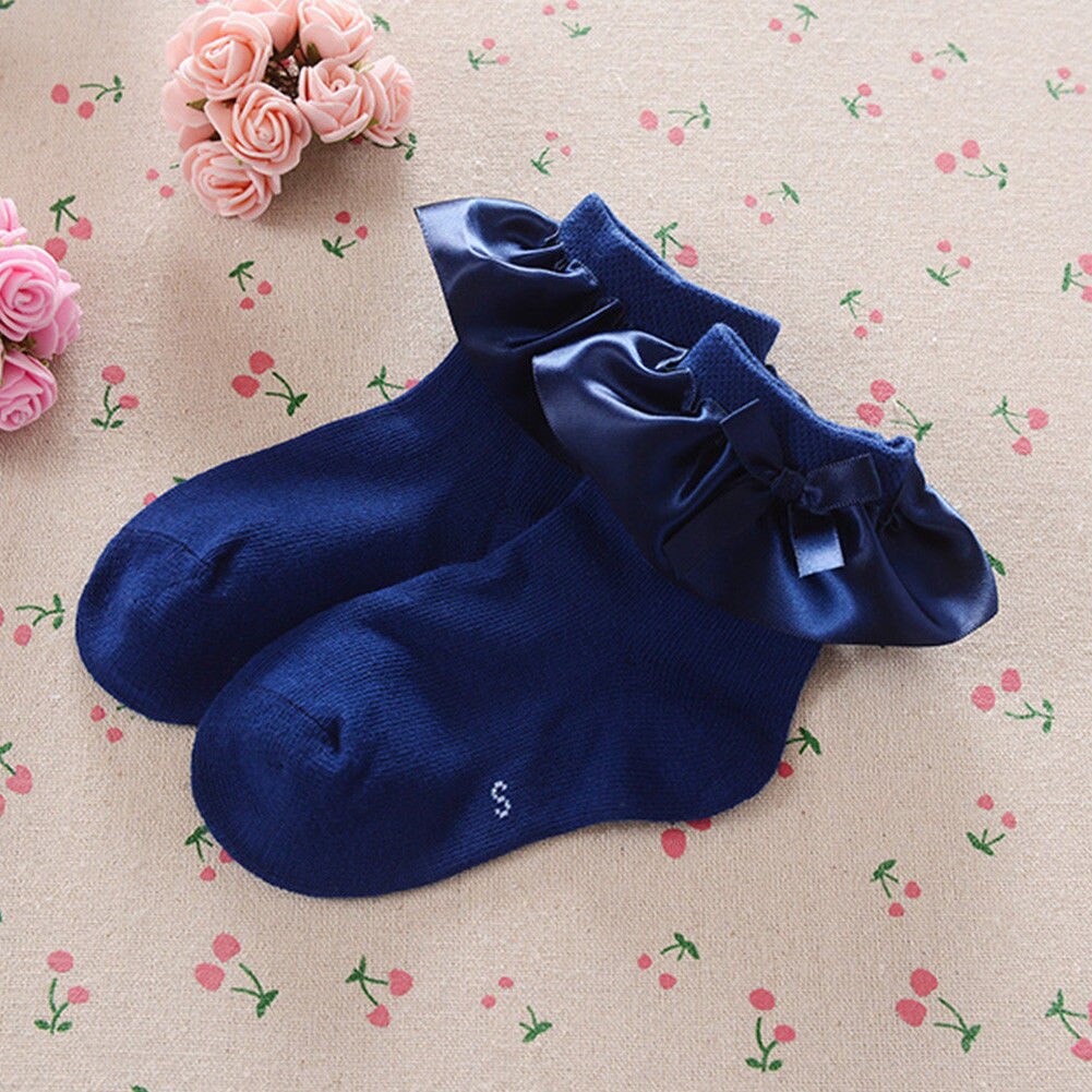 Mooie babysokjes voor peuters, tutu, strik, katoenen kant, pasgeboren babysokjes met ruches, katoenen korte sokjes: Marineblauw / S