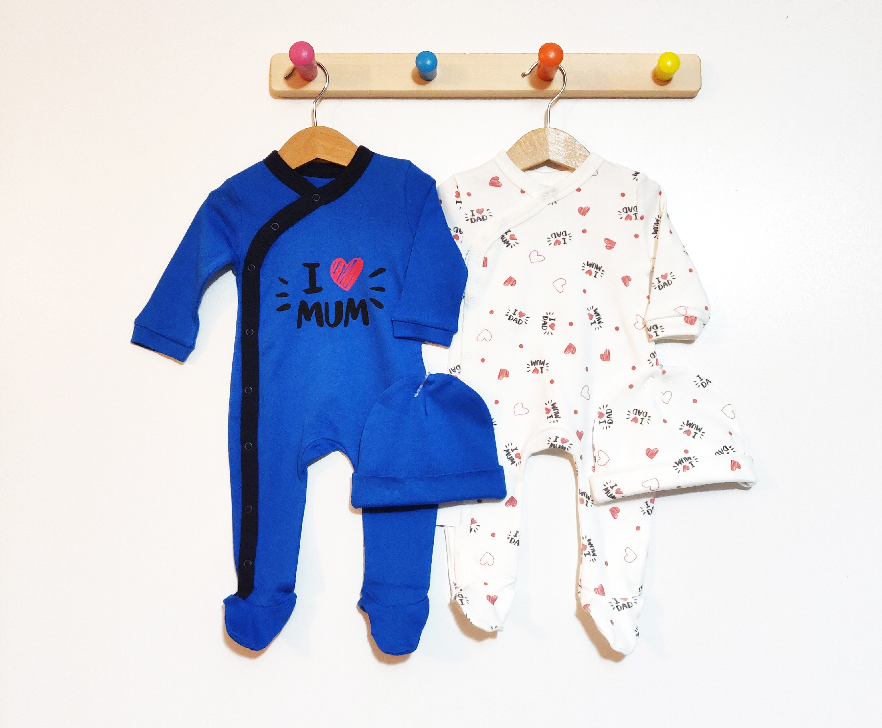 Bebeke 2'li % 100 pamuk bebek pijama takımı + 2 şapka