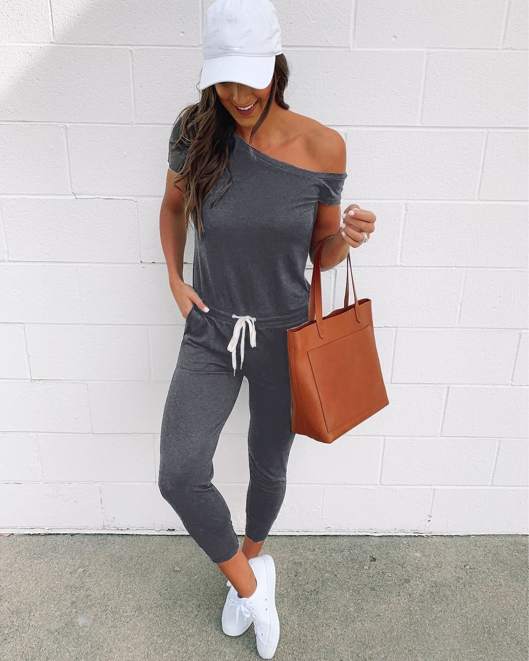 Meihuida dames zomer koude schouder homewear bodycon jumpsuits veter casual clubwear straat romper met riem: Donkergrijs / Ik