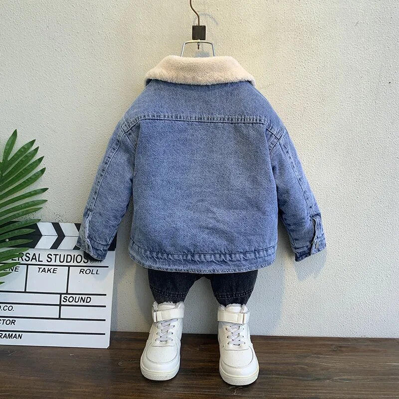 2-8 Jaar Oid Lamswol Dikke Warme Kids Denim Jas Bovenkleding 2022 Herfst Turn Down Kraag Zakken Jongens winter Jean Jassen