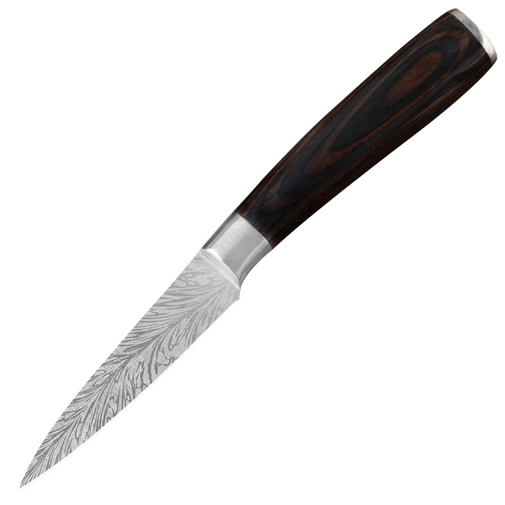 Damask fjermønster rustfrit stål køkkenknive efterligning damaskus klinge køkkenkniv 7 cr 17 kokknive sæt træhåndtag: 3.5 tommer parring