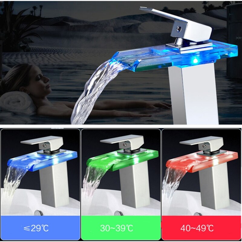 LED Basin Faucet Brass Waterfall Temperature Colors Change Bathroom Mixer Tap Deck Mounted Wash Sink Glass Taps