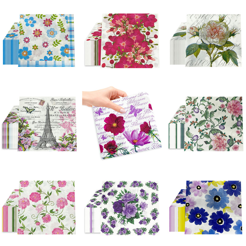 20 stk/pakke blomsterprintede decoupage papirservietter håndværk dekoration bryllupsfest 2- -lags firkantede middagsservietter