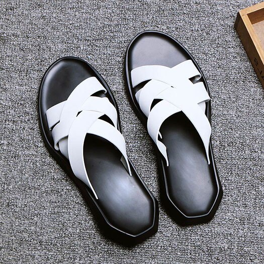 waterproof open toe slippers slides strap leather shoes roman outdoor water men gladiator sandals summer white black: White / 43