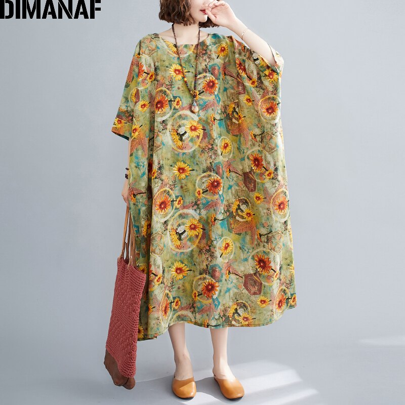 DIMANAF Summer Plus Size Dress Women Clothing Sundress Linen Floral Print Lady Vestido Loose Long Dress Oversize 5XL 6XL