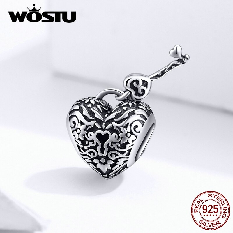 WOSTU 925 Sterling Silver Heart Lock Key Beads Vintage Charms Fit Original Bracelet Pendant For Women Necklace Jewelry CQC1447