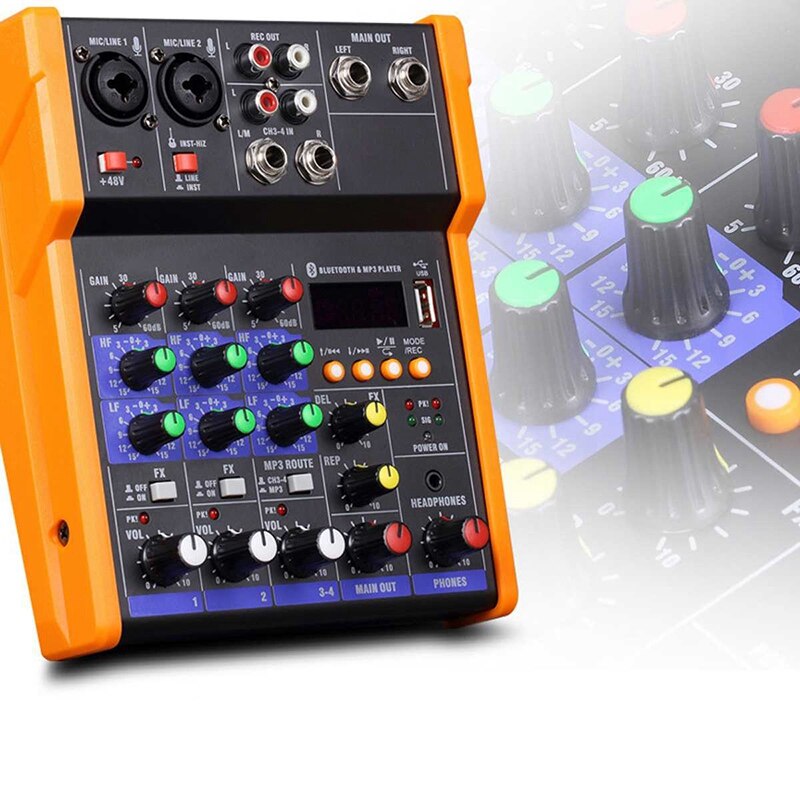 4 Channel Bluetooth o USB Mixer Console Sound Card,USB Powered and Output, for Karaoke Music Production