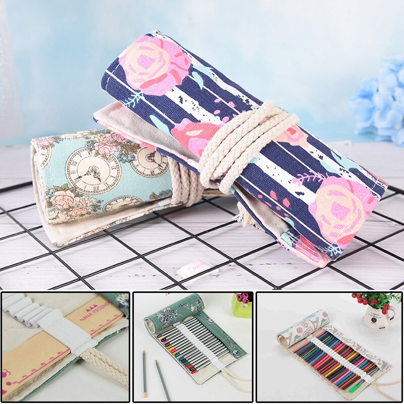 36 Gat Etui Grote Cartoon Canvas Wrap Roll Up Etui Pen Borstel Zak