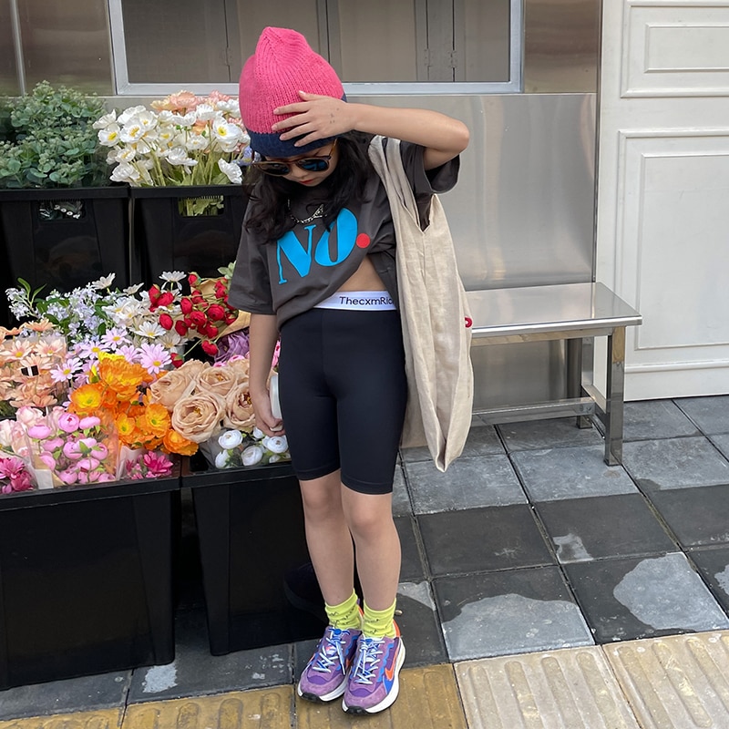 Primavera autunno ragazze Biker Leggings Leggings per bambini bambini stretti Activewear vita lettera magro estensibile 4-13Y