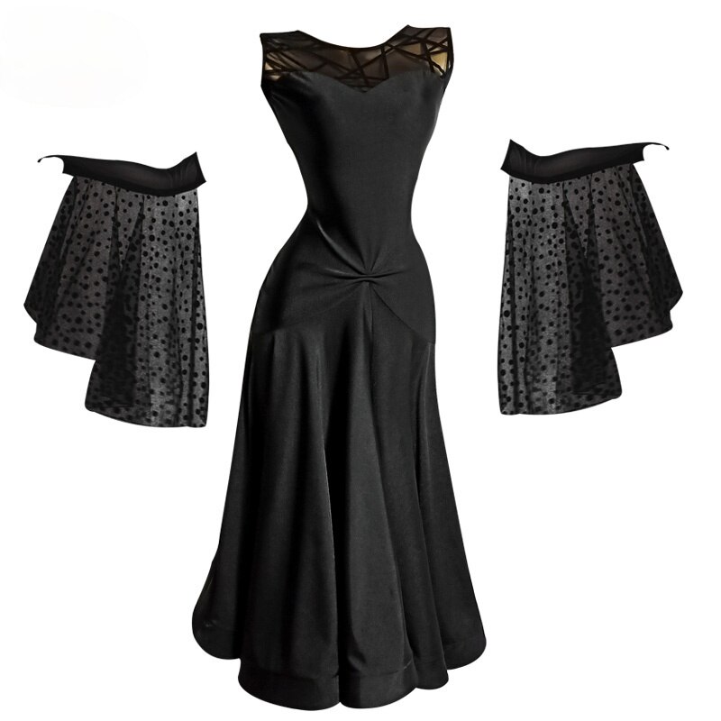 Ballroom Dance Long Dress Sleeveless Skinny Waltz Skirt for Women Dance Competition Show Perfoemance Clothes: Derss with sleeves / XL