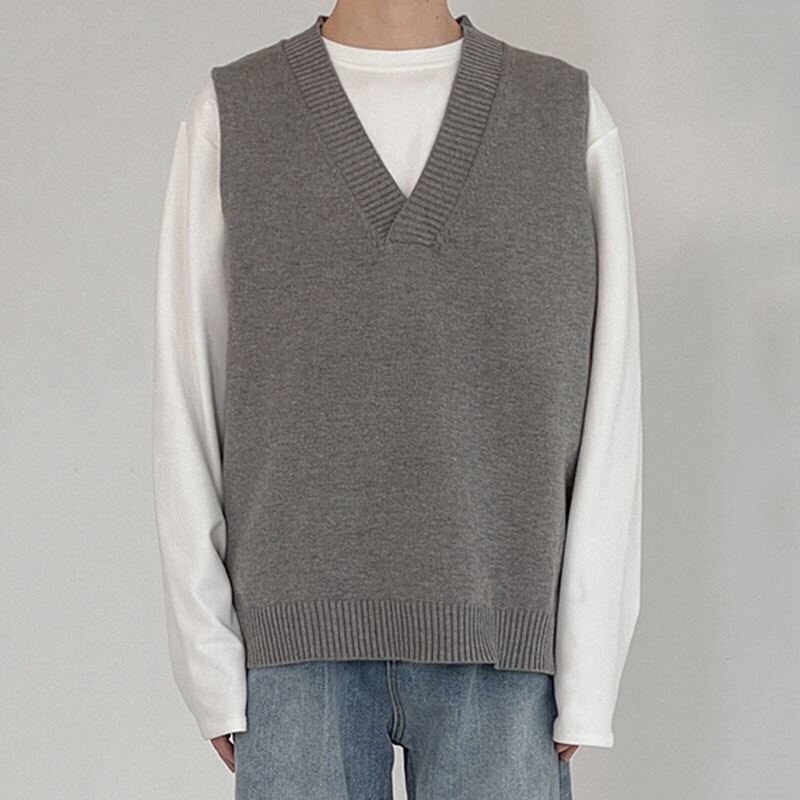 IEFB – gilet en tricot fin pour homme, pull sans manches, col en v, sous-vêtement ample, Vintage, tendance, collection automne hiver: Gray / L